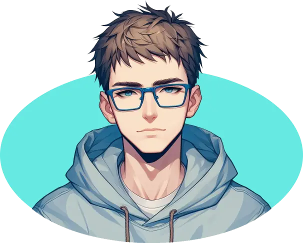 personnage généré avec Copilot qui port un sweat a capuche bleu ciel, des lunettes bleues et des cheveux châtain